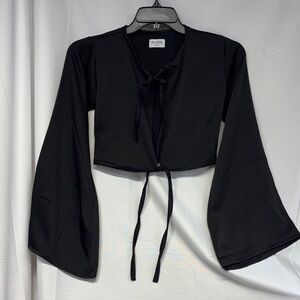VELLAROSA two tie open front Black long Bell Sleeve Crop Top shirt top blouse xs